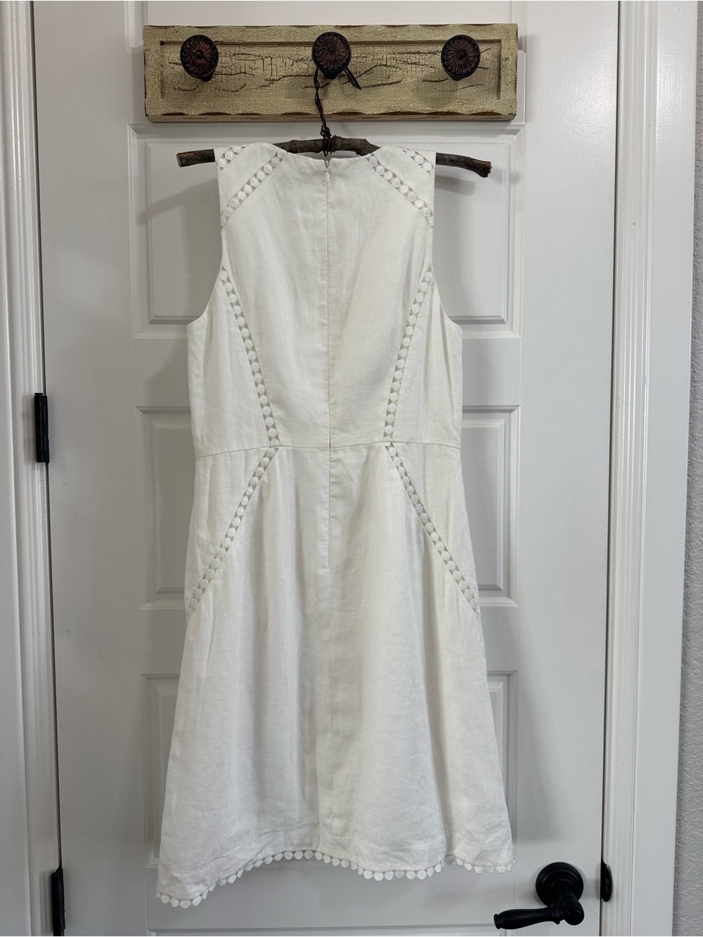 Ann Taylor Linen Knee Length Dress White Sleeveless A-Line with Pom-Pom Trim